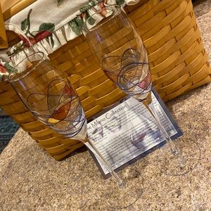 Milano Collection Set of 2 Flute Glasses Vivid Color Swirls with Gold